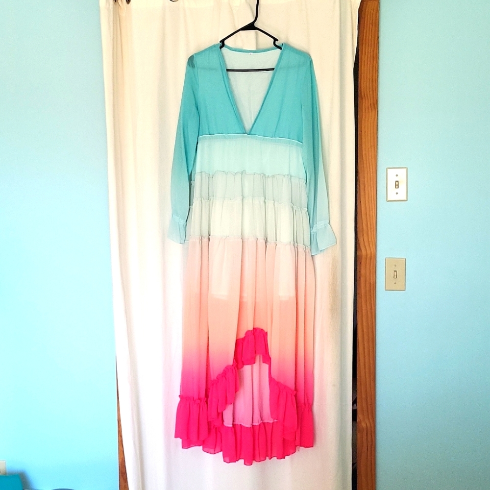 Boho Ombre Maxi Dress with Long Sleeves - Mint, Coral & Pink